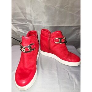 ALDO Red Suede Wedge Ankle Bootie Zip Round Toe Chain Buckle US 8